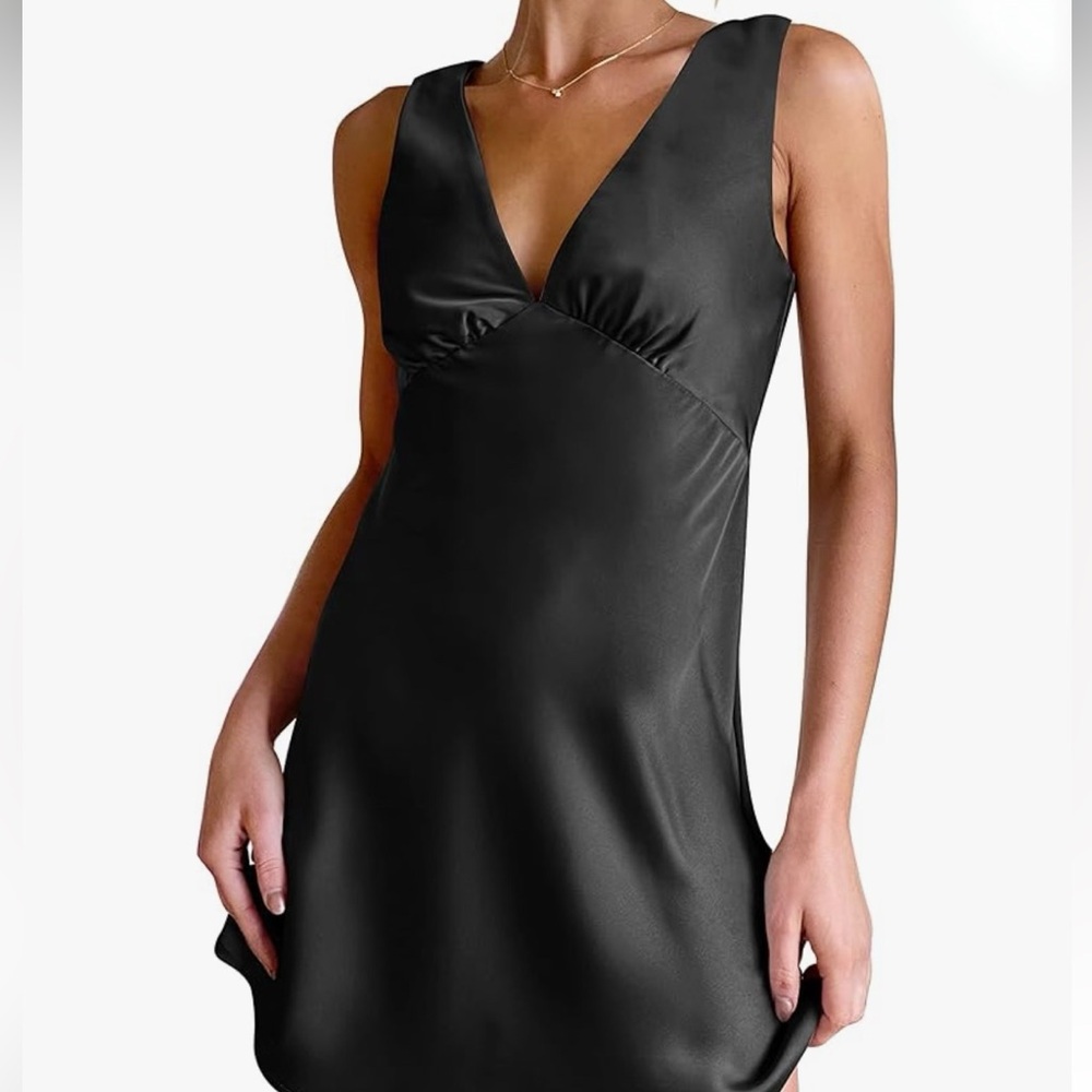 Satin v neck silky cocktail black dress mini club sleeveless #summer2024